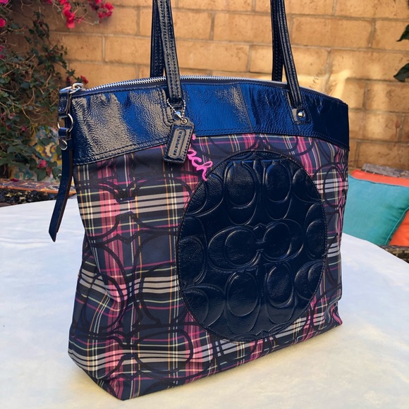 Coach Laura Signature Blue Plaid Multicolor Tartan Canvas Leather Tote Bag - Picture 9 of 12
